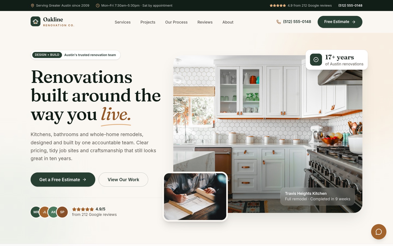Oakline Renovation Co. demo website homepage
